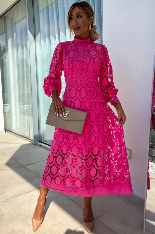 Women’s Midi Lace Dress with High Neck and Puff Bishop Sleeves