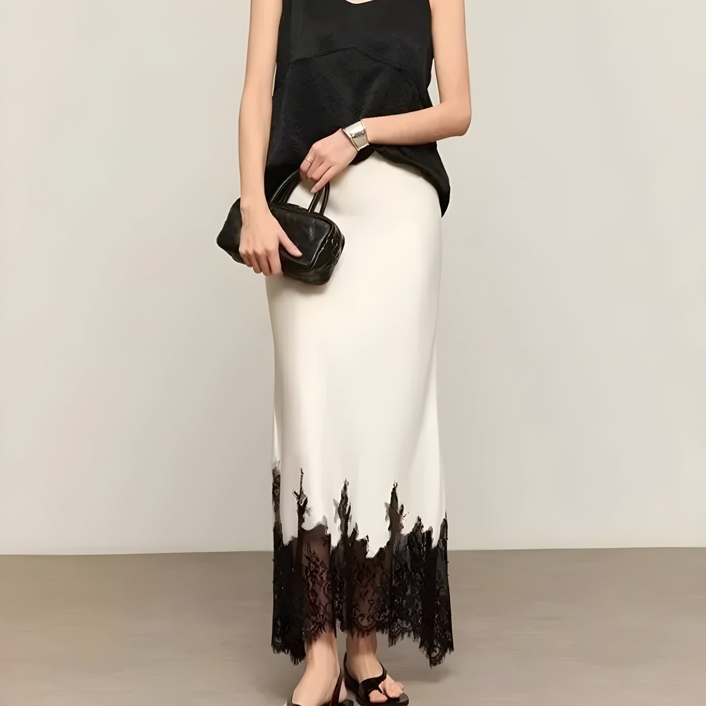 Ceylan Women’s Satin Midi Skirt Contrast Lace Trim