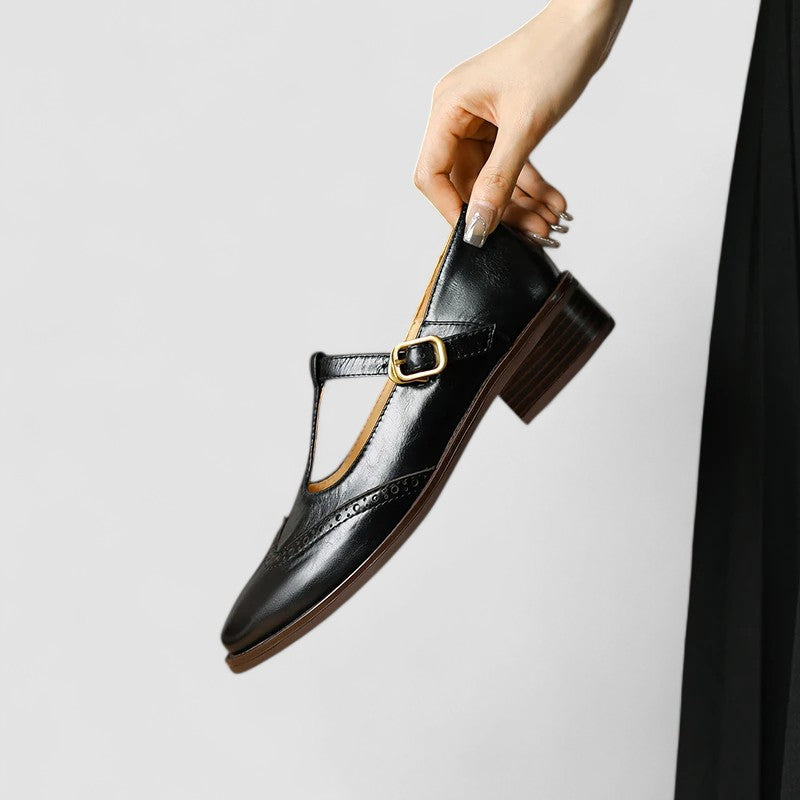 Women’s Mary Jane Shoes with T-Strap Low Heel and Perforated Detail