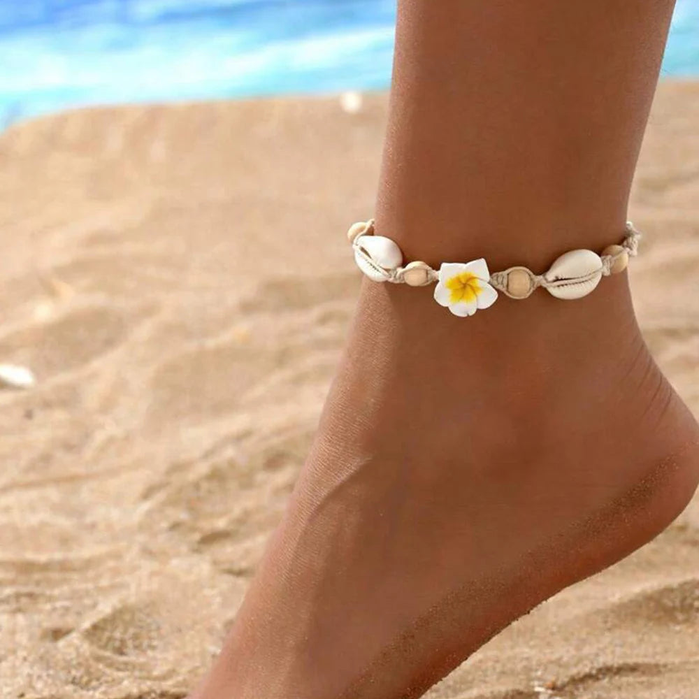 Women's Handwoven Shell Anklet with Starfish Charm