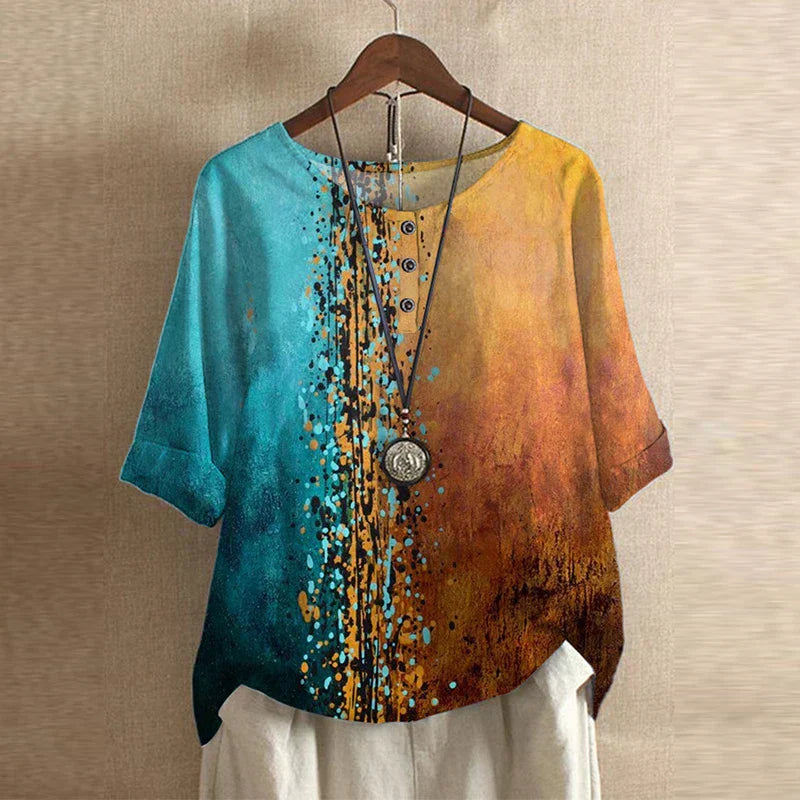 Women’s Blouse with 3/4 Sleeves and Retro Artisanal Floral Print