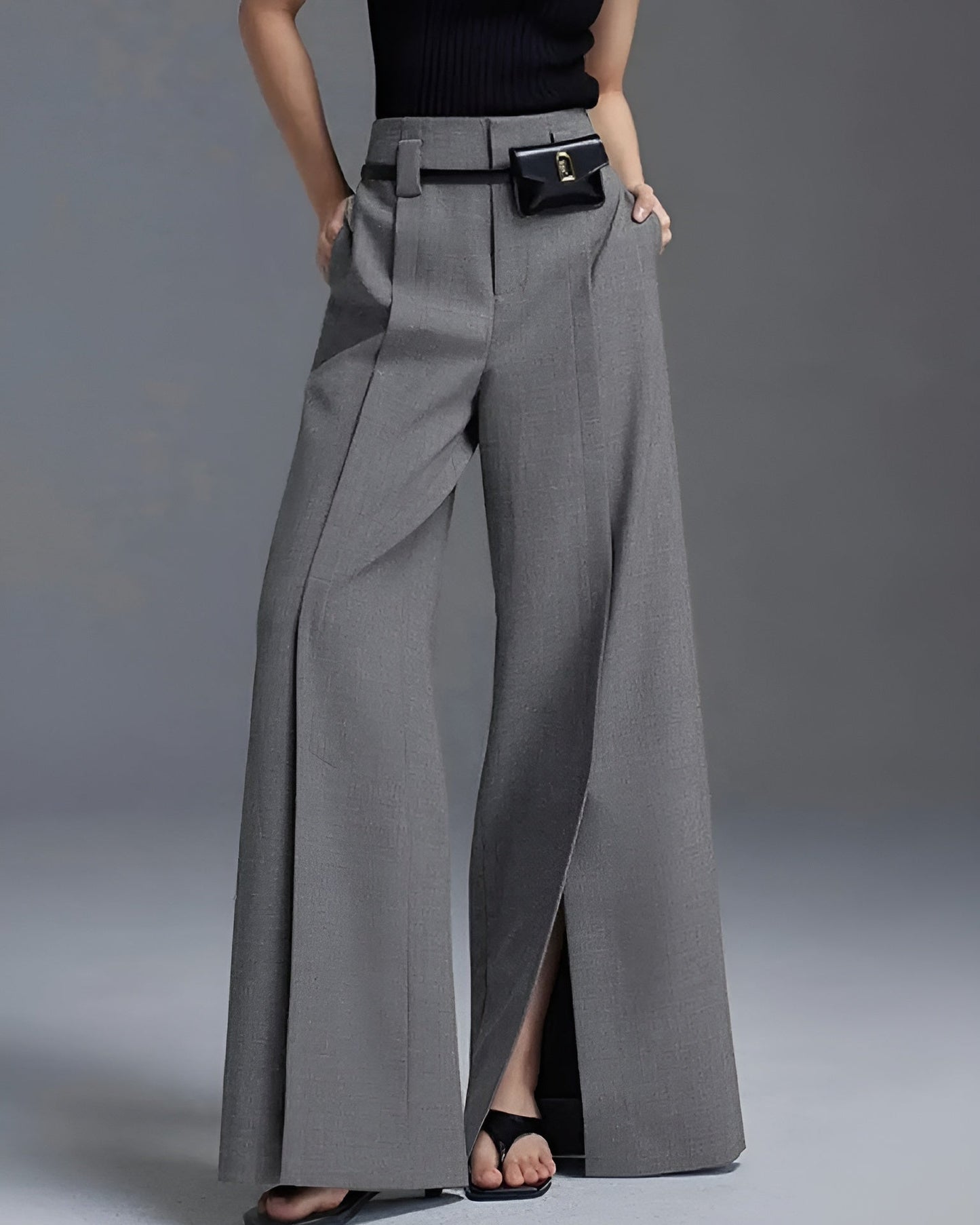 Ceylan Women's Pleated Wide Leg Trousers Split Hem Detail