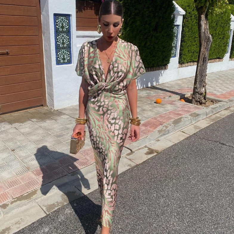 Women’s Maxi Dress with Twisted Waist and Leopard Animal Print