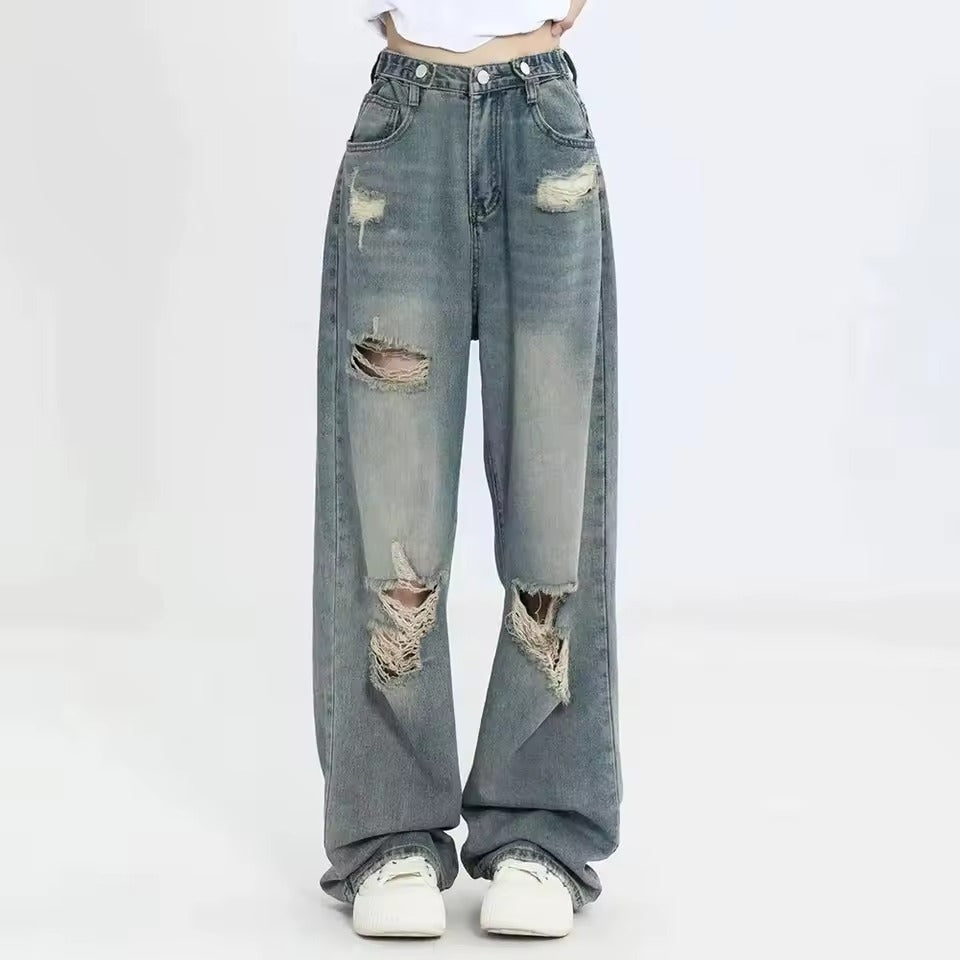 Ceylan Women’s Ripped Wide Leg Jeans Distressed Denim