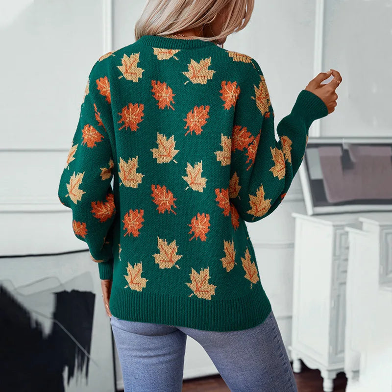 Ceylan Women’s Oversized Knit Sweater Maple Leaf Graphic