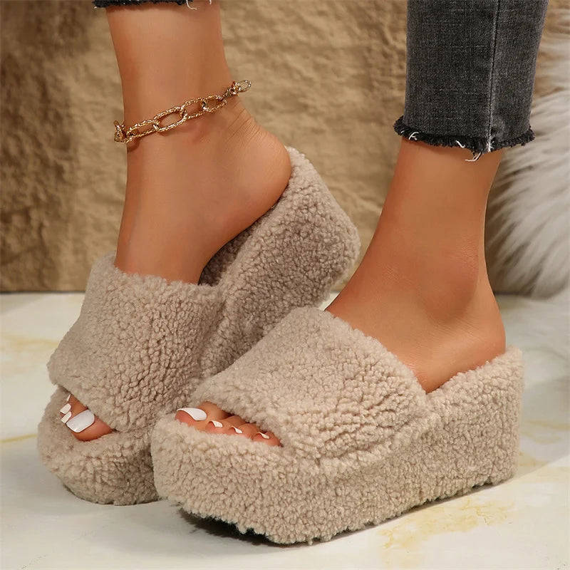 Women’s Slide Sandals with Platform Wedge Sole and Fuzzy Faux Shearling Upper
