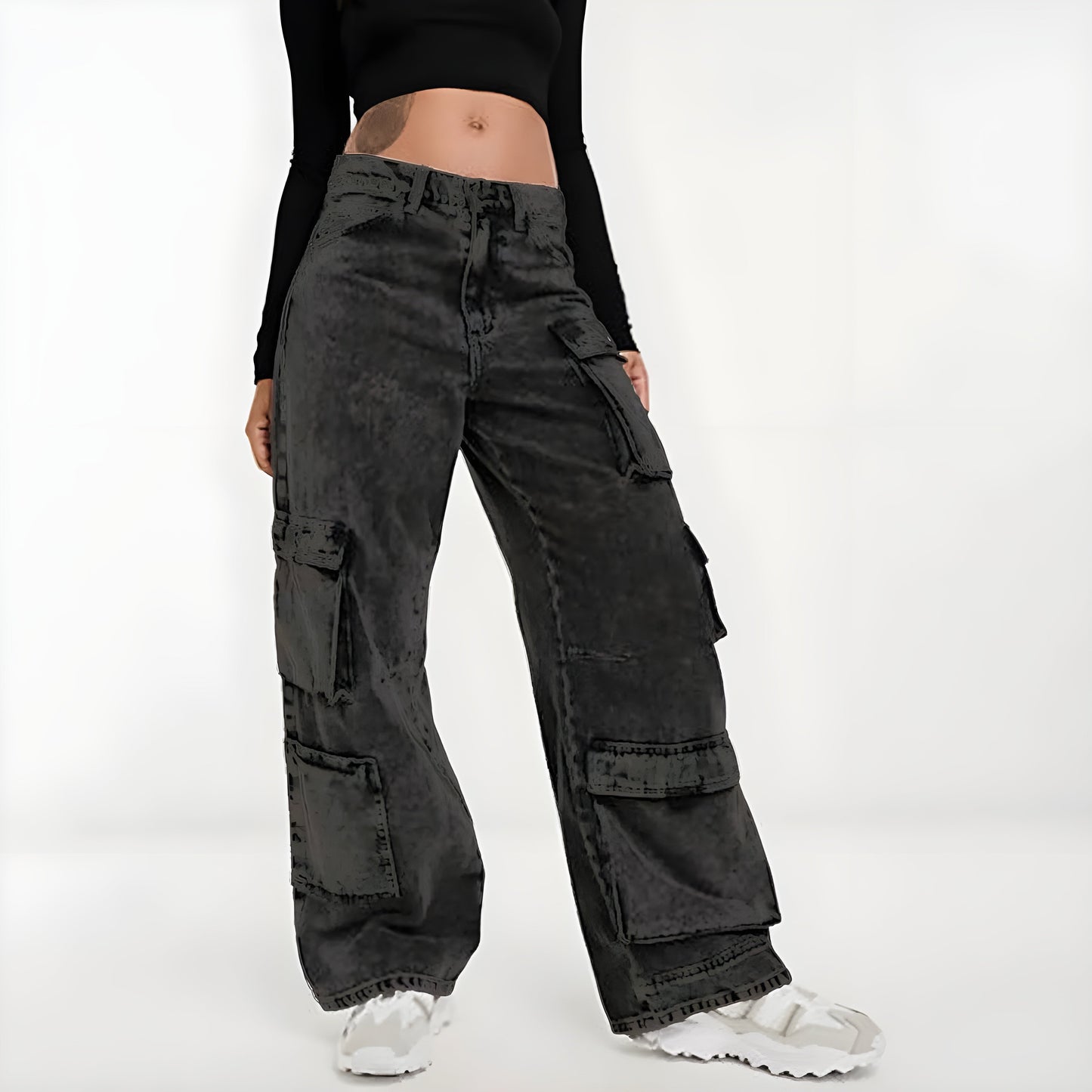 Ceylan Women's Acid Wash Cargo Jeans Baggy Streetwear