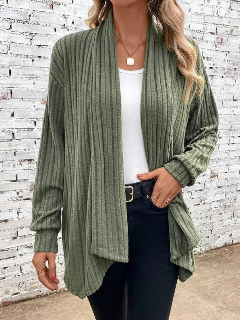 Women's Open-Front Ribbed Knit Draped Cardigan With Long Sleeves