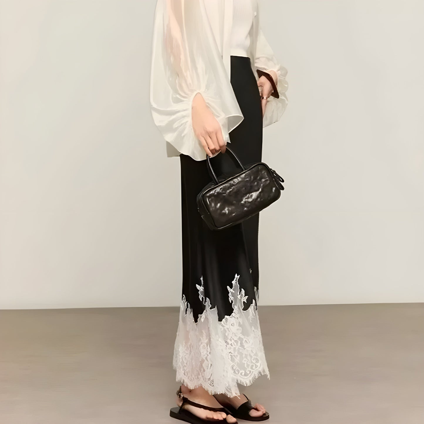 Ceylan Women’s Satin Midi Skirt Contrast Lace Trim