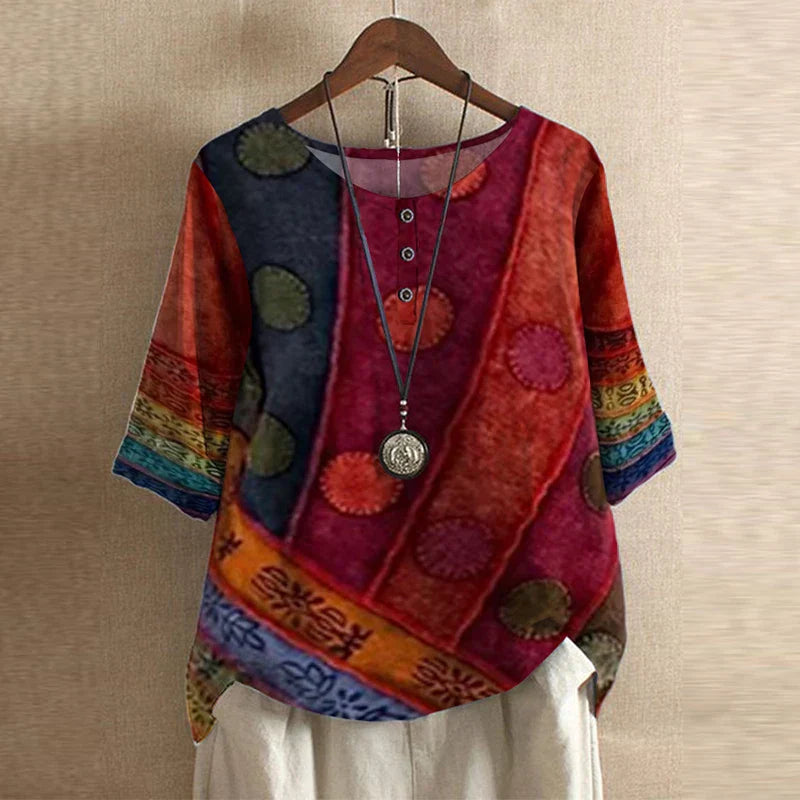 Women’s Blouse with 3/4 Sleeves and Retro Artisanal Floral Print