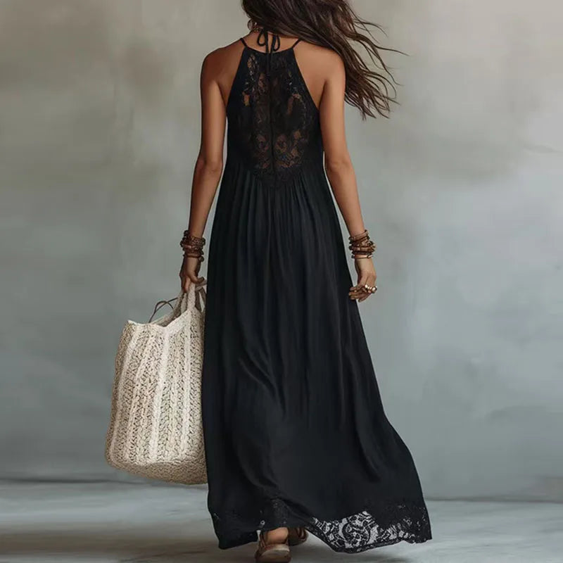 Women's Lace Panel Halter Maxi Dress with Open Back for Evening Style