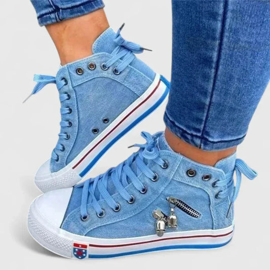 Women’s High Top Sneakers with Denim Canvas and Side Zipper Skull Charms