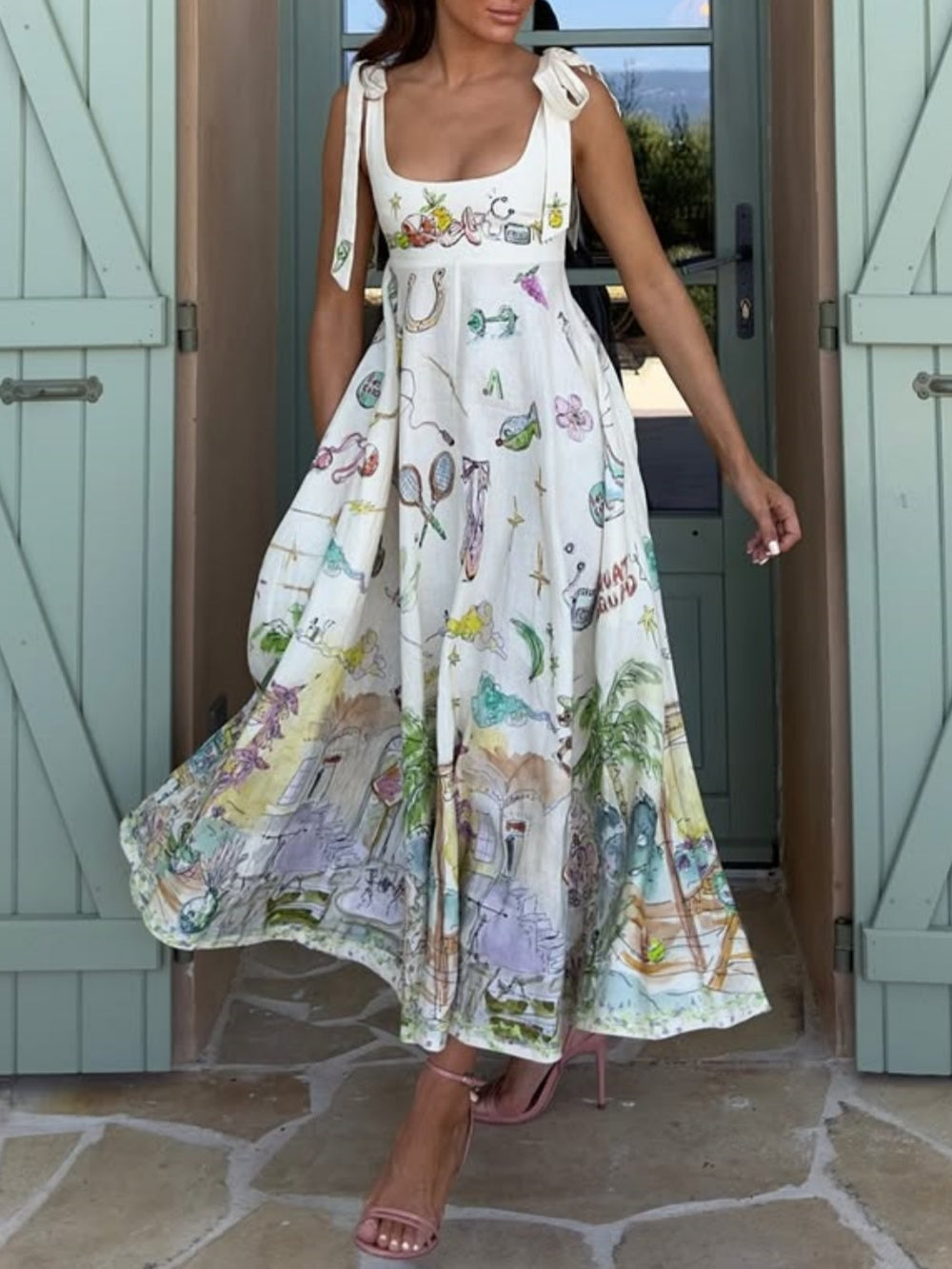 Women’s Midi Dress with Self-Tie Shoulder Straps and Painted Scenery Print