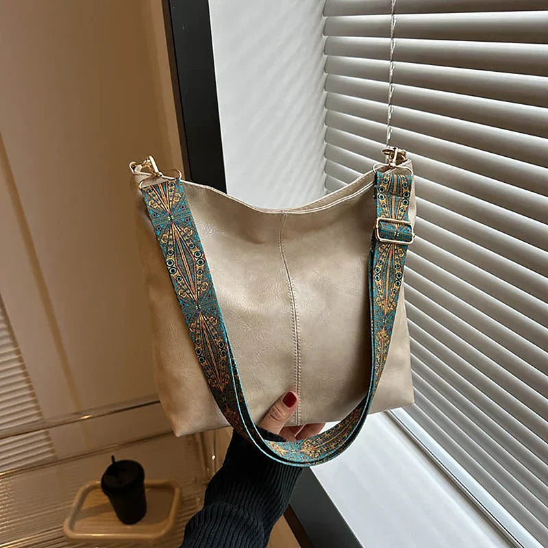 Women's Bohemian Shoulder Bag with Patterned Guitar Strap and Spacious Slouchy Silhouette