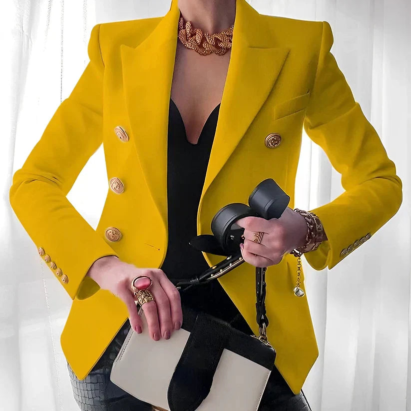 Women’s Double-Breasted Blazer with Gold Buttons and Tailored Peak Lapel