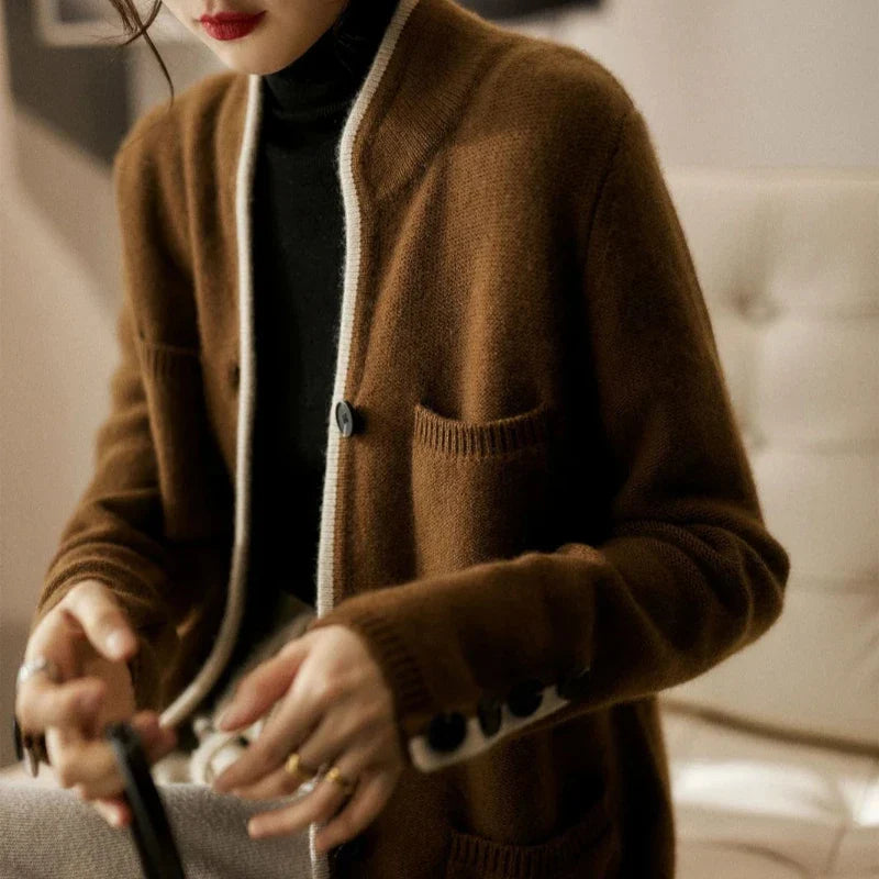 Ceylan Women's Cardigan Contrast Trim Knit Open Front Jacket