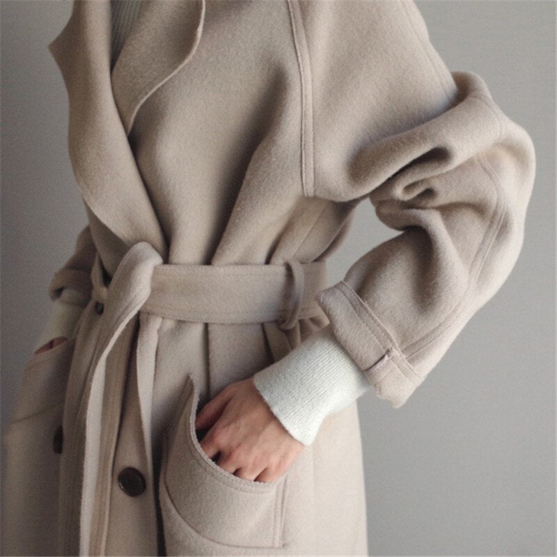 Women's Double-Breasted Wool Coat with Notch Lapel