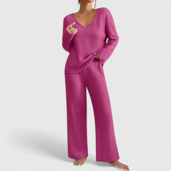 Women's Ribbed Knit V-Neck Top And Wide-Leg Pants Set