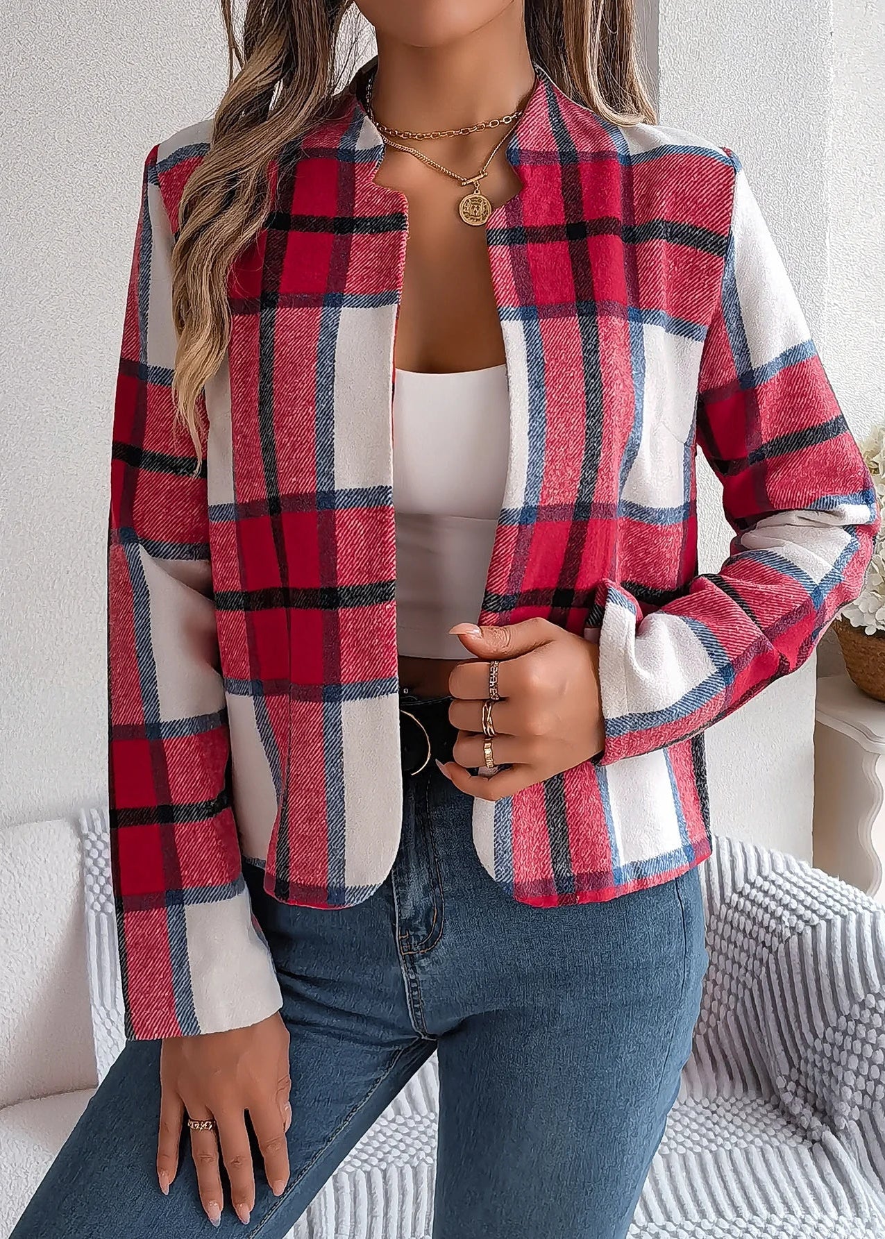 Ceylan Women’s Plaid Open Front Jacket Smart Casual Fit