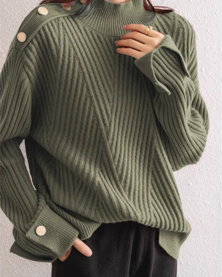 Ceylan Women's Pullover Ribbed Mock Neck Button Detail Sweater