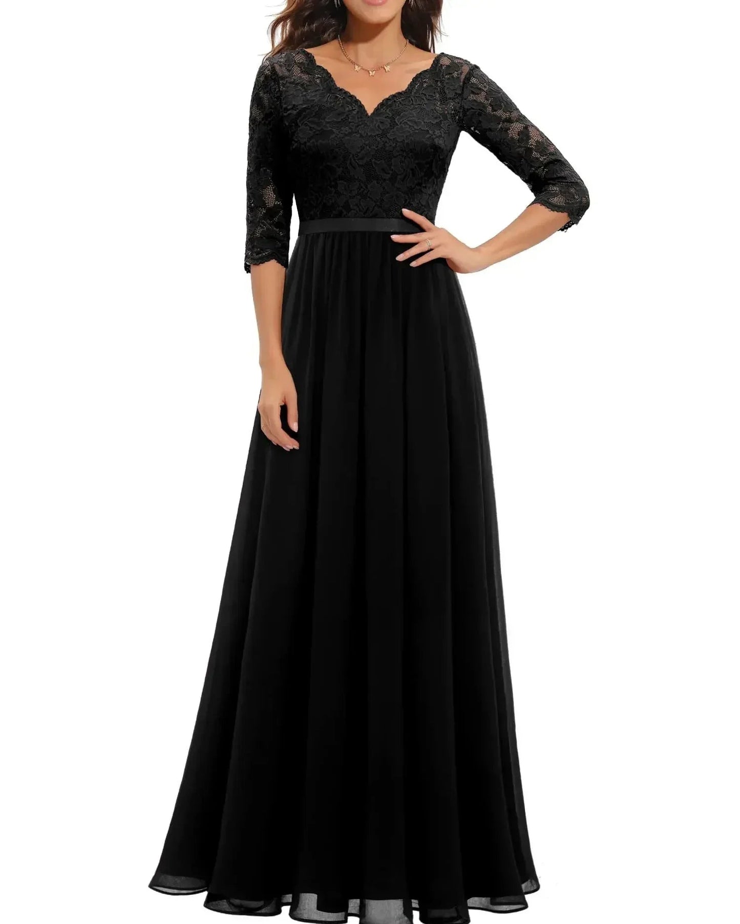 Women’s Lace Maxi Dress with Scalloped V-Neck and Three-Quarter Sleeves