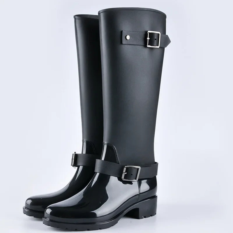Women's Waterproof Knee-High Rain Boots with Buckles
