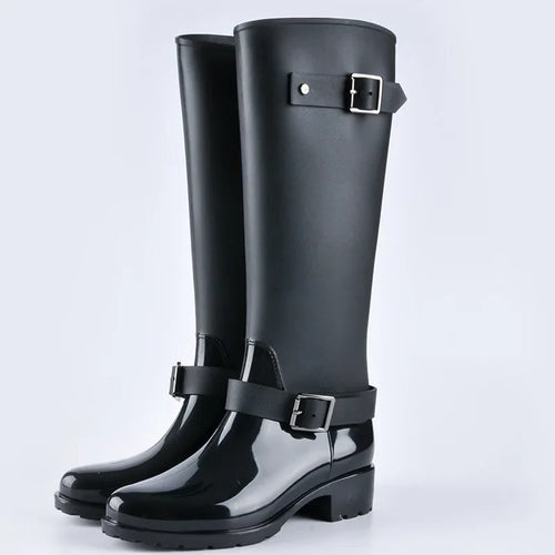 Women's Waterproof Knee-High Rain Boots with Buckles