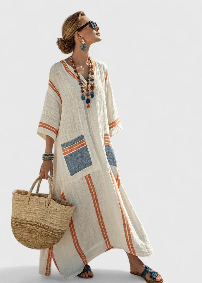 Women’s Kaftan Maxi Dress with V-Neckline and Artisanal Stripe Detail