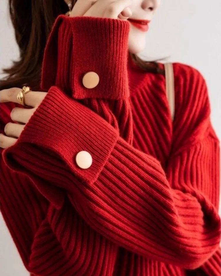 Ceylan Women's Pullover Ribbed Mock Neck Button Detail Sweater