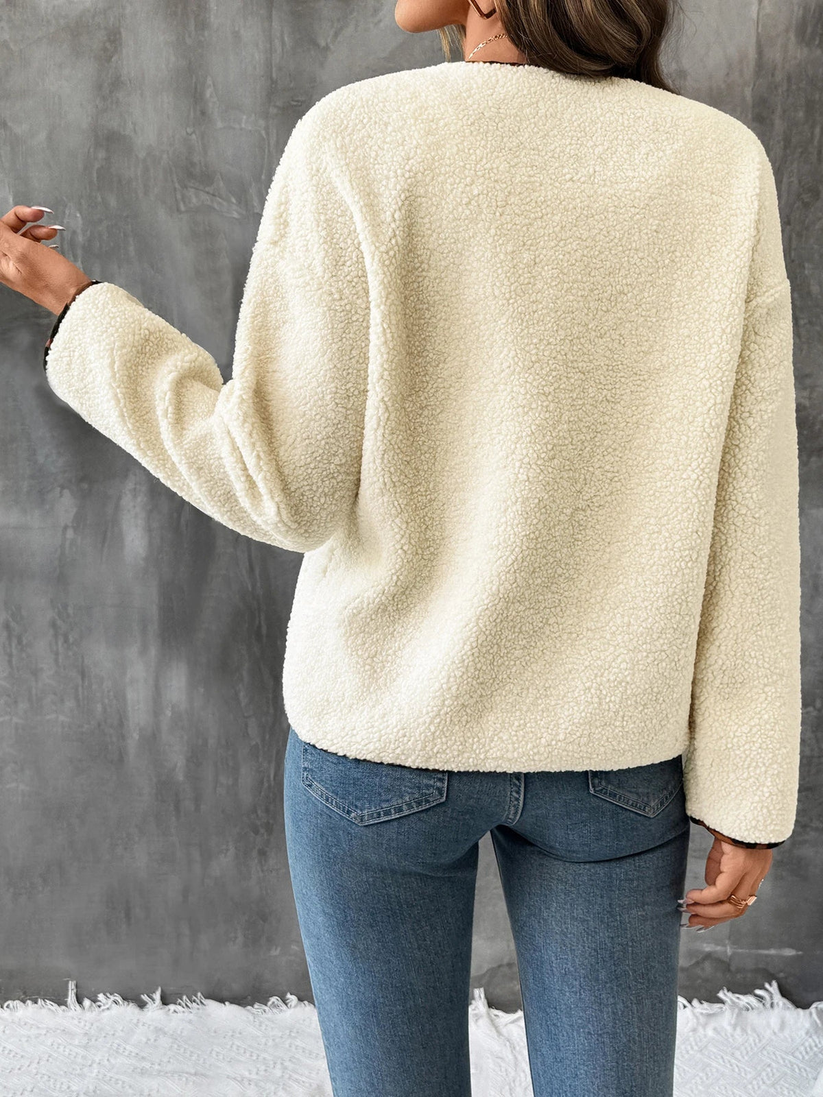 Women's Cream Boucle Open-Front Cardigan with Leopard Print Trim