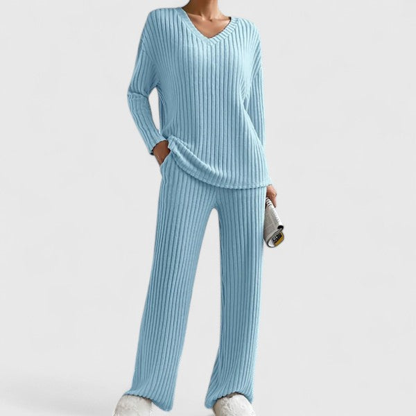 Women's Ribbed Knit V-Neck Top And Wide-Leg Pants Set