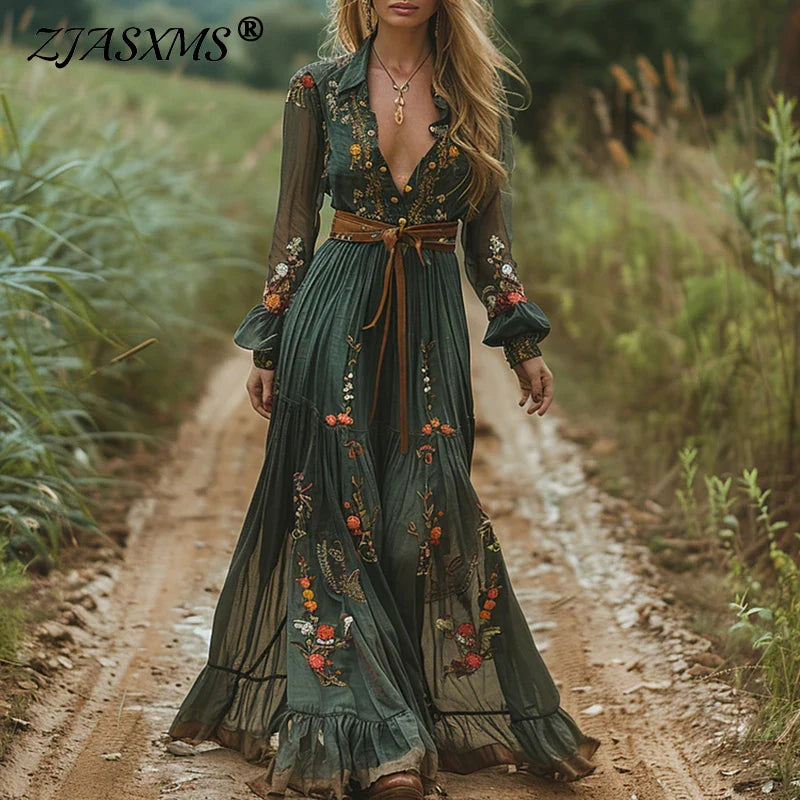 Women's Boho Maxi Dress with Tie Belt for Effortless Elegance