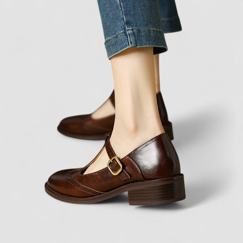 Women’s Mary Jane Shoes with T-Strap Low Heel and Perforated Detail