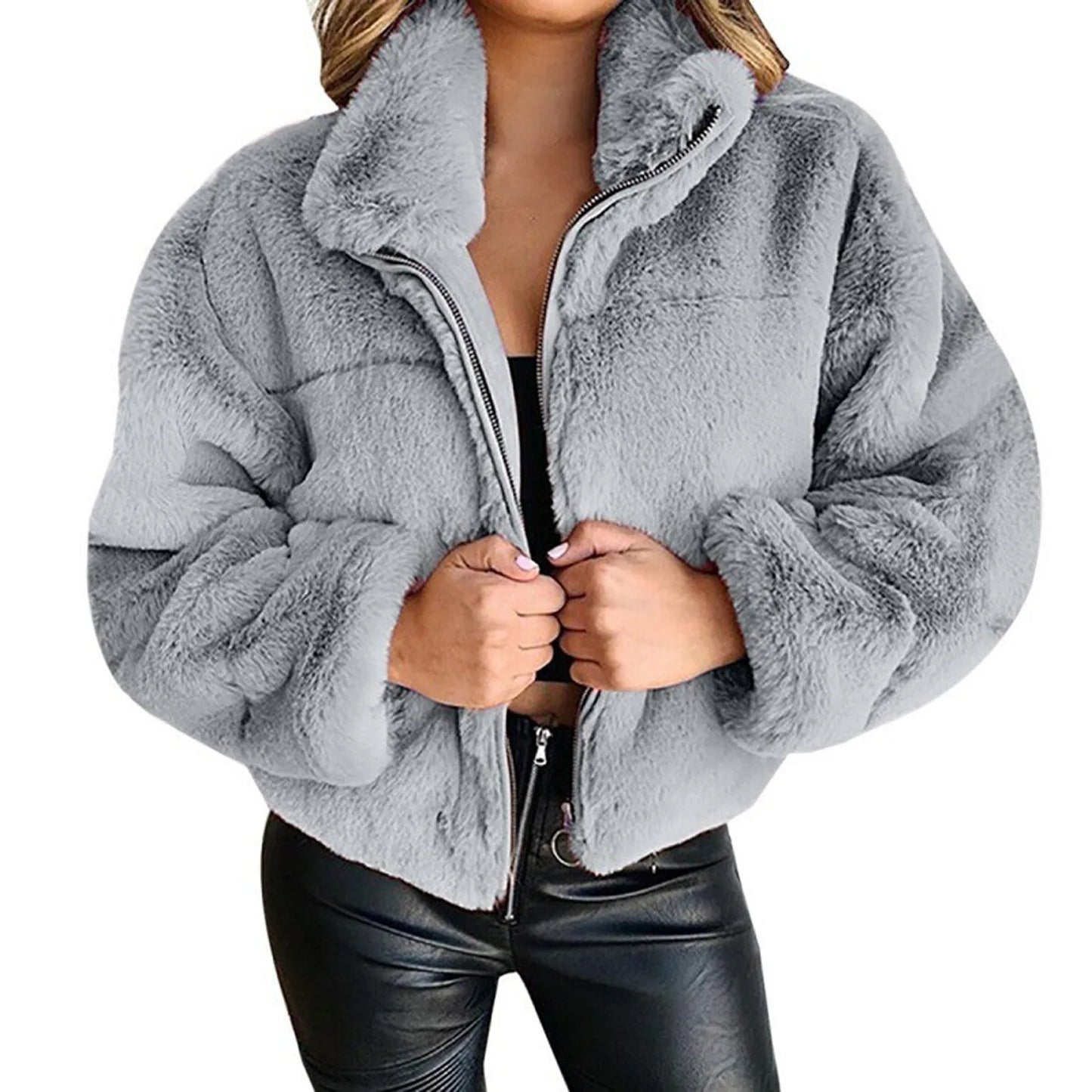Ceylan Women’s Cropped Faux Fur Zip-Up Jacket