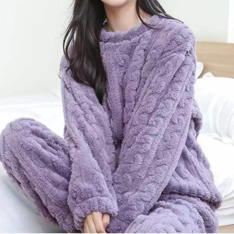 Ceylan Women's Fluffy Pajama Set with Cable Knit Texture