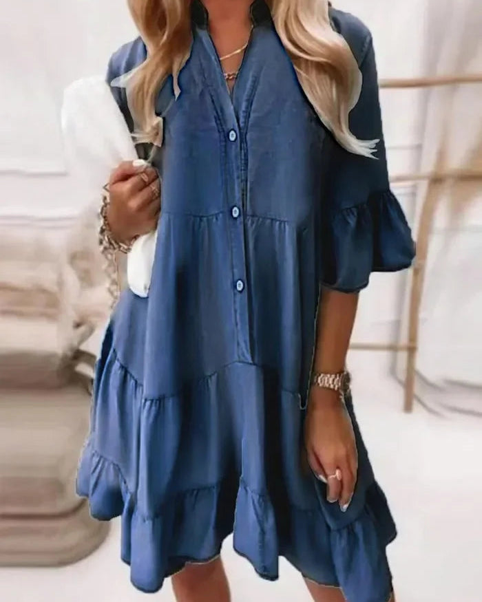 Women's Mini Dress Button Down Tiered Ruffle Chambray Smock