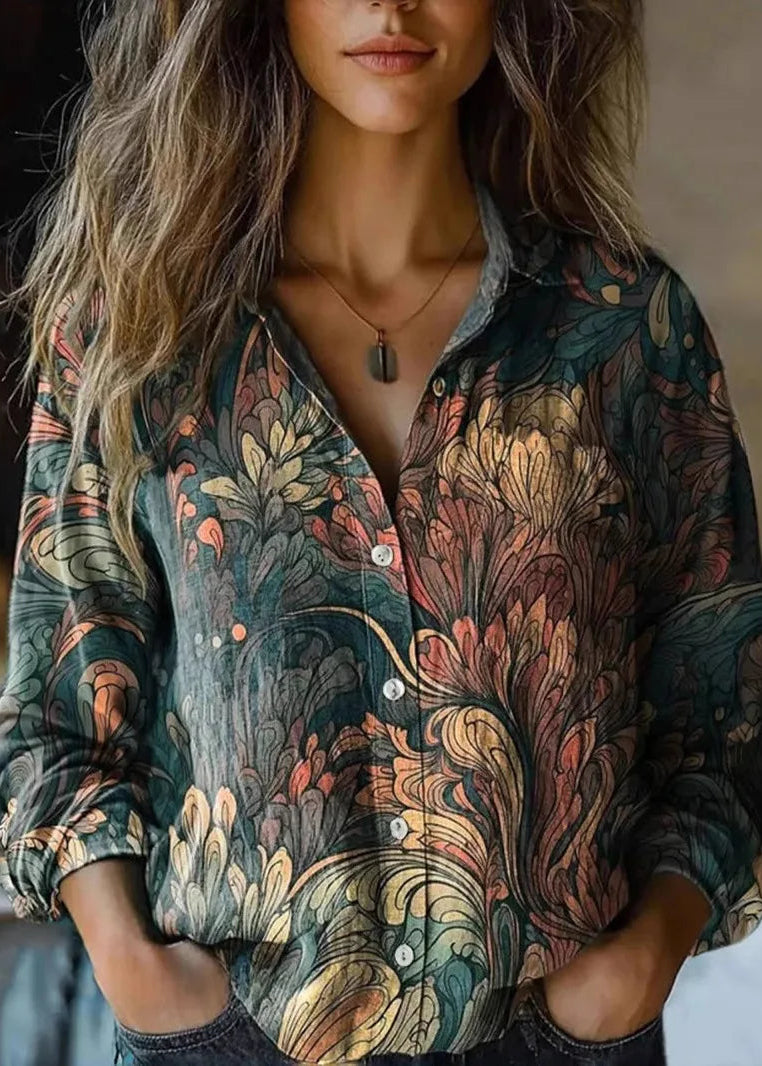 Women’s Button Down Shirt with Vintage Paisley Floral Print and Long Sleeves