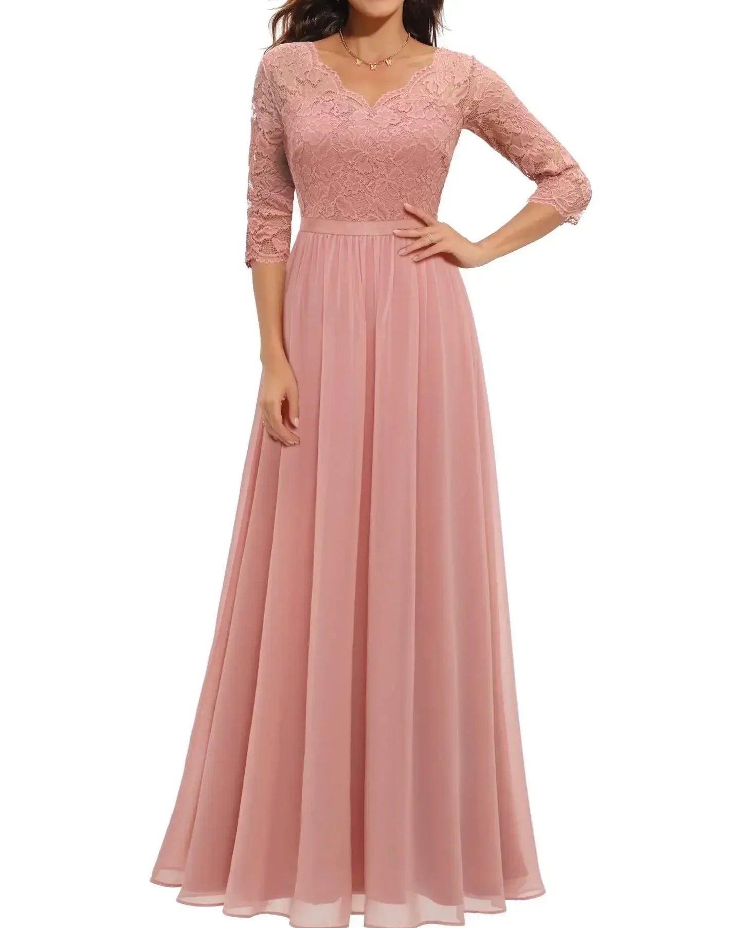Women’s Lace Maxi Dress with Scalloped V-Neck and Three-Quarter Sleeves