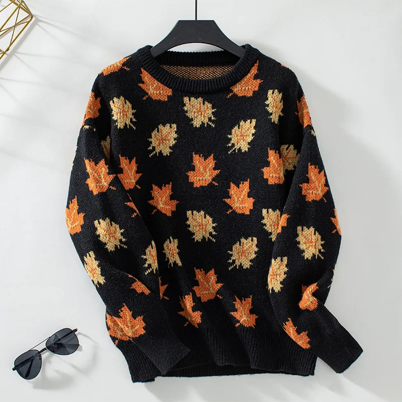 Ceylan Women’s Oversized Knit Sweater Maple Leaf Graphic