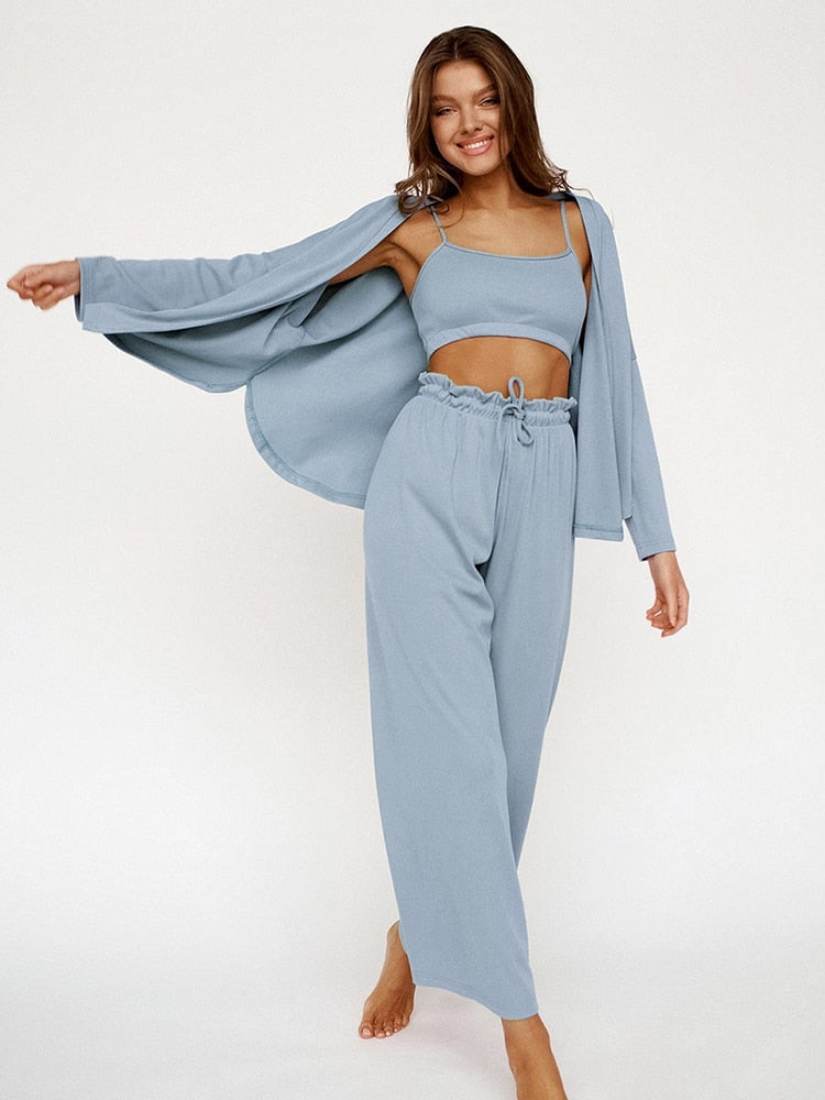 Women's 3-Piece Loungewear Set Crop Top Cardigan Trousers