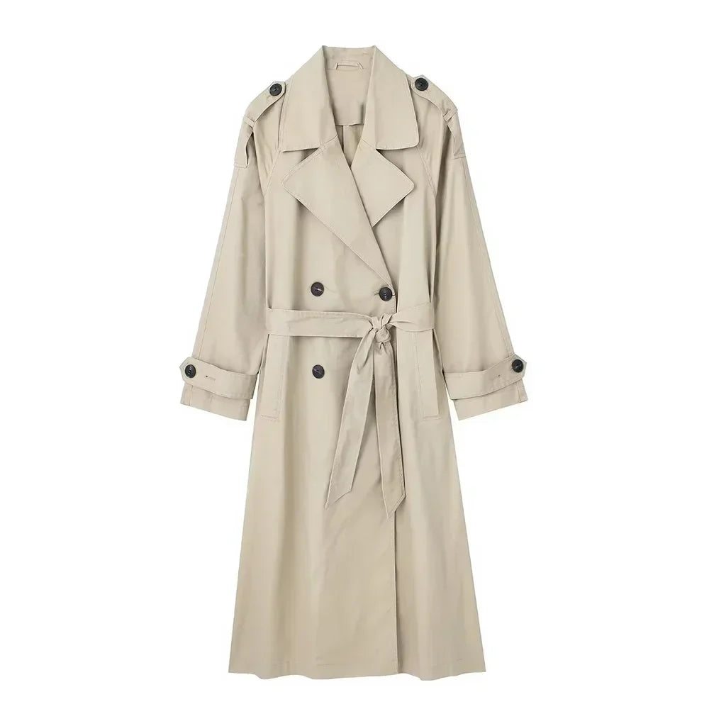 Women's Belted Longline Trench Coat with Wide Collar