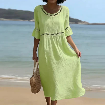 Women’s Midi Dress Crochet Eyelet Trim Flutter Sleeve Beach Kaftan
