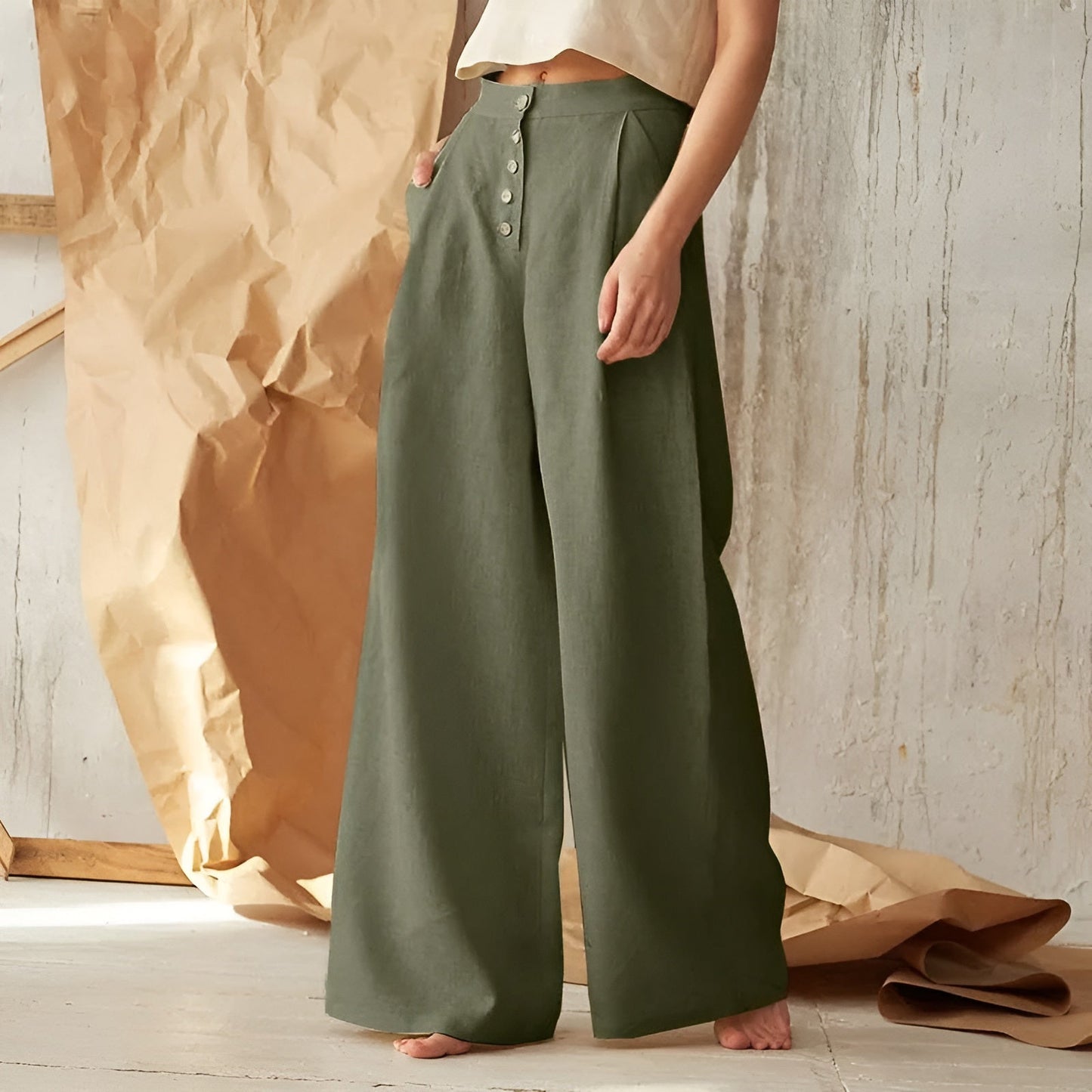 Ceylan Women’s Palazzo Pants with Button-Up High Waist