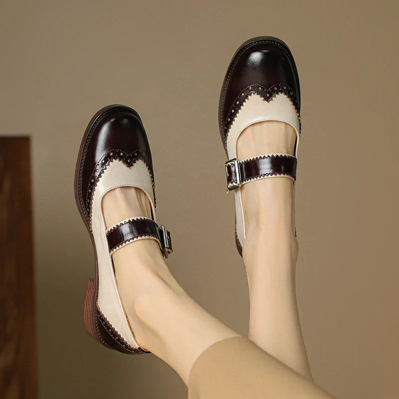 Women’s Mary Jane Shoes Two-Tone Brogue Leather with T-Strap Low Block Heel