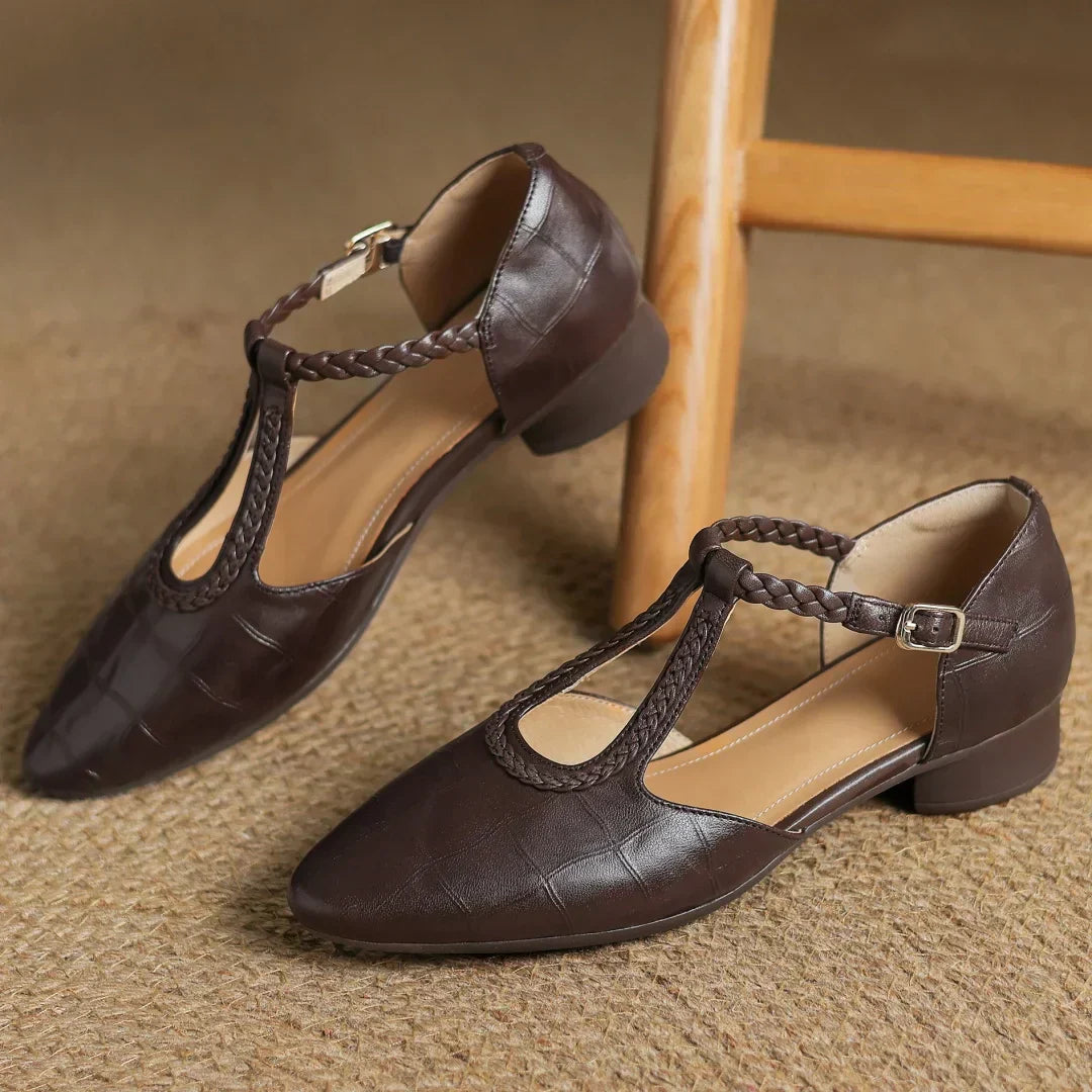 Women’s Mary Jane Flats with Pointed Toe and Braided T-Strap