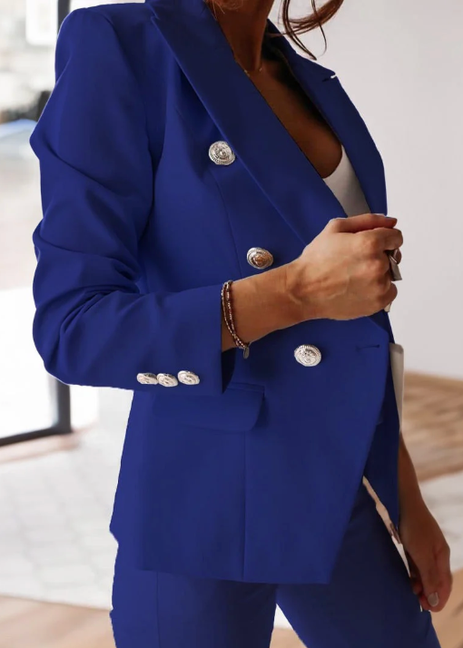 Women’s 2-Piece Pant Suit with Double-Breasted Blazer and Slim Fit Trousers