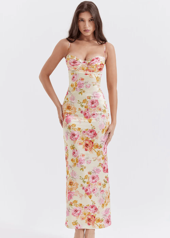 Women’s Floral Maxi Dress Corset Bustier Bodice Spaghetti Strap Gown