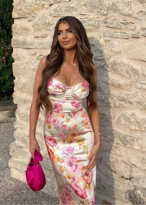 Women’s Floral Maxi Dress Corset Bustier Bodice Spaghetti Strap Gown