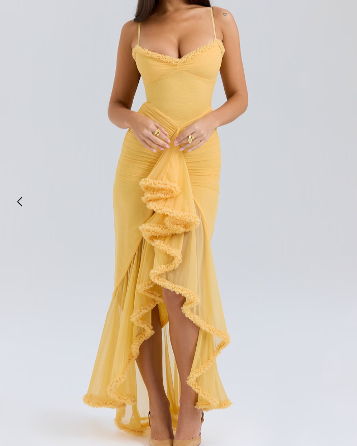 Women’s Ruched Maxi Dress Ruffle Trim Sweetheart Neckline Wedding Guest Gown