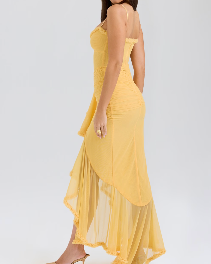 Women’s Ruched Maxi Dress Ruffle Trim Sweetheart Neckline Wedding Guest Gown